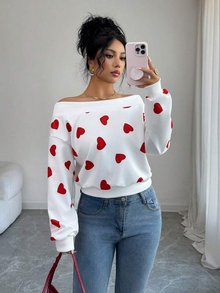 SHEIN Elenzya 优雅浪漫通勤情人节白色底红色爱心露肩卫衣 - 紅白色 - 查看 1