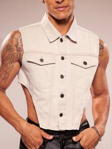 FeverCity Men's Fashionable Sexy Asymmetric Hem Sleeveless Denim Top, Summer - Light Grey - View 4