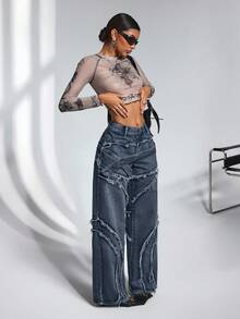 SHEIN PETITE Jeans casual larghi e consumati da donna - Blu lavato scuro - Visualizzare 6