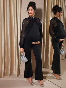 Momance 优雅串珠连体裤，孕妇款，长袖，黑色，秋季款 - 黑色 - 查看 4