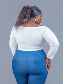 CurvyTilda Plus Size Women's Casual Off Shoulder Short White Long Sleeve T-Shirt Off The Shoulder Crop Top, Fall Top For Women, For Hourglass Body Shape