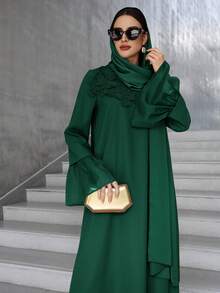 Al Najma Women's Floral Embellished Flare Sleeve Elegant Arabic Style Dress, Arabian Dresses - Dark Green - View 4