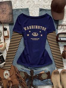 Easelle 休闲复古藏蓝色针织撞色印花女式T恤，撞色条纹夏季图案T恤 - 藍色 - 查看 9