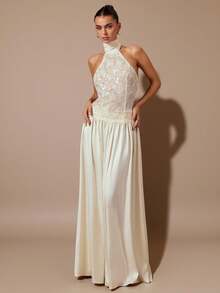 SHEIN BAE Váy dài hở lưng, hở vai, chất liệu satin, ren mơ gợi cảm, thanh lịch, sang trọng, dự tiệc cocktail - Màu be - Xem 4