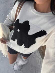 SHEIN Unity Cute Cat Embroidery Versatile Women Sweater - Beige - View 4