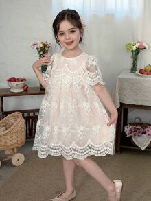 LMoss Kids 女童纯色圆领网纱刺绣休闲连衣裙 - 白色 - 查看 6