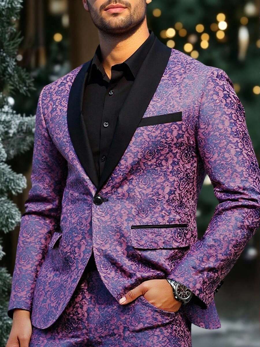 Manfinity AFTRDRK 男士紫色奢华派对西装套装，包括西装外套和长裤，采用时尚花卉图案面料，也是送给朋友、男友或丈夫的理想礼物。 - 紫色 - 查看 1