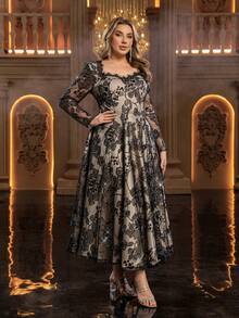 Aureia 大码优雅简约黑色心形领长袖薄纱奢华串珠撞色蕾丝A字型正式礼服（重工装饰设计）