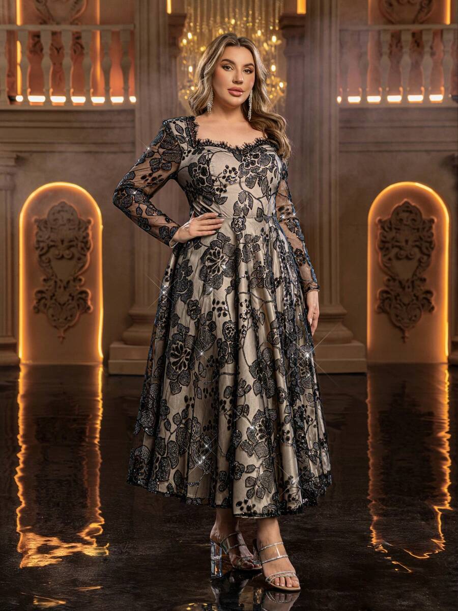 Aureia 大码优雅简约黑色心形领长袖薄纱奢华串珠撞色蕾丝A字型正式礼服（重工装饰设计）