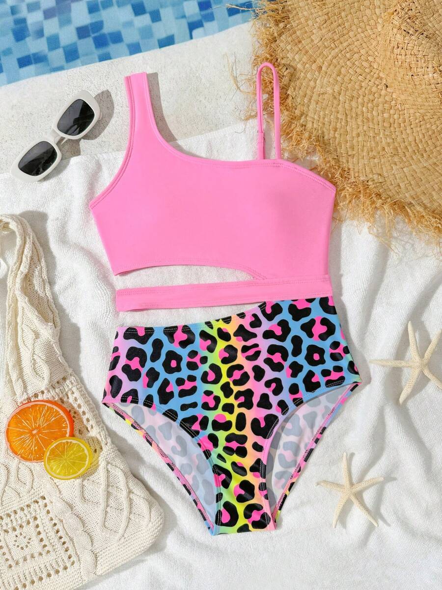 SHEIN Tween Girls Leopard Print Pink Swimsuit,Cute Summer Beach Holiday One Piece Bathing Suit,Asymmetrical Neckline Hollow Waist Design High Waisted Set - Pink - View 1