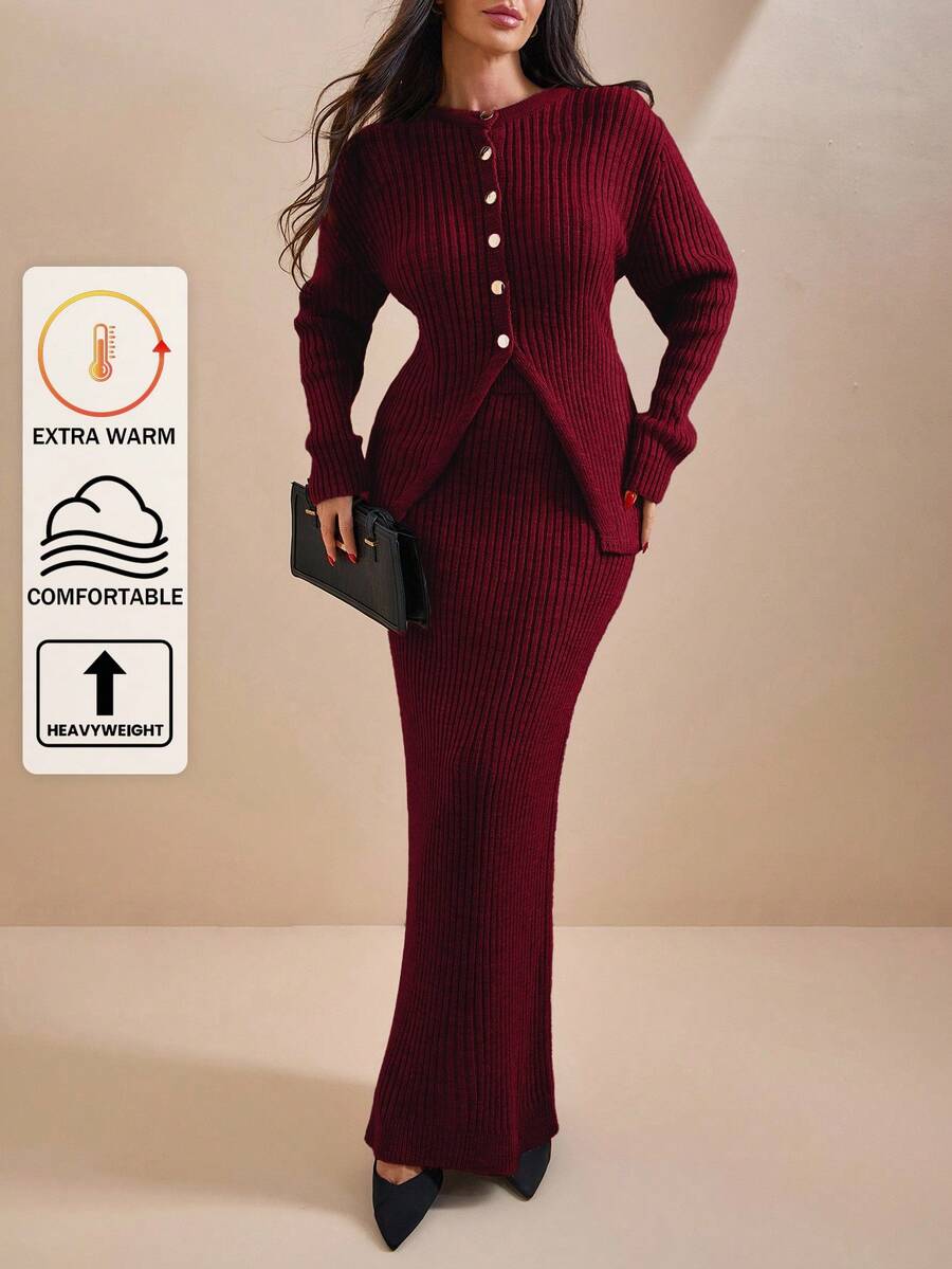EURMUSE Women Solid Color Front Button Rib Knit Cardigan & Sweater Skirt Set - Burgundy - View 1