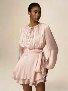 Vesra Apricot Color Tie-Up Loose Long Sleeve Ruffle Hem Elegant Mini Dress For Women Aveloria Dress - Dusty Pink - View 6