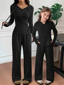Tween Girls 2pcs Solid Drawstring Hoodie Top And Wide Leg Pants Set, Casual For Spring/Autumn, Daily Wear - Black - View 17