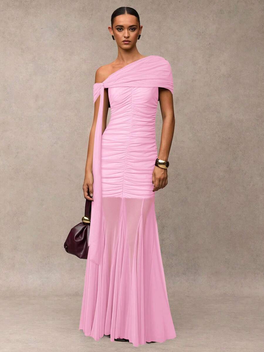 SHEIN BAE Women's Solid Color Off-Shoulder Ruched Tie Design Mesh Patchwork Elegant Cinched Waist Dress For Party - Baby Pink - View 1