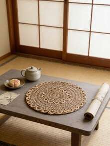 12pcs American Country Style Linen Woven Placemat, Round Plate Mat, Table Decoration Shop, Family Gathering Table Decoration - Khaki - View 2