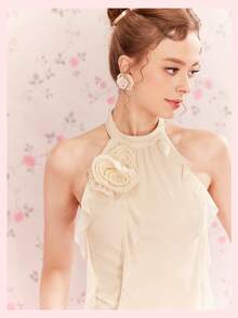 SHEIN MOD Haut Ajusté À Col Licou, Motif Floral 3d Vintage, Avec Rubans Flottants, Couleur Abricot - Nude - Voir 5