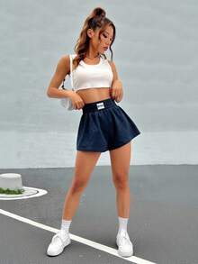 SHEIN EZwear Letter Patched Detail Wide Leg Shorts