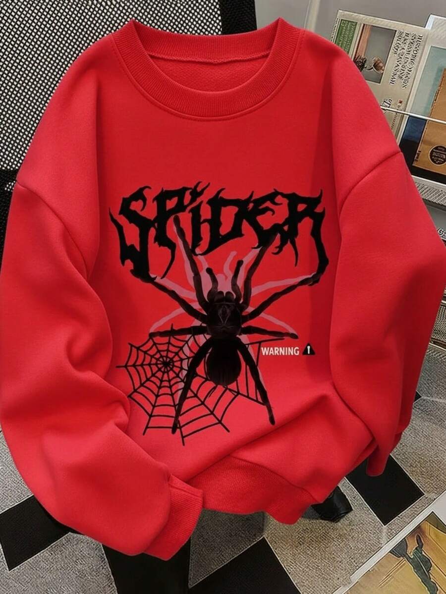 Sudadera dama mujer femenina cuello redondo manga larga casual estampado gráfico spiderman telaraña araña linda tierna cute rayas rayones dibujo letras artístico otoño invierno suave casual juvenil cómodo holgádo día noche divertida cena color solido ideal casa house escuela school diario adorable cool era - Rojo - Ver 1