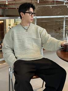 DAZY Men's Textured Jacquard Crew Neck Sweater With Patch Pockets, Light Grey, Autumn/Winter - Light Grey - View 7