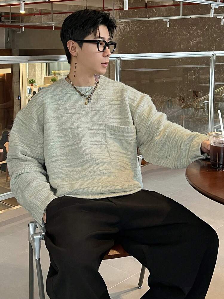 Men's Textured Jacquard Crew Neck Sweater With Patch Pockets, Light Grey, Autumn/Winter