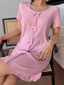 Dream Adore 梦幻浪漫可爱蝴蝶结装饰针织圆领荷叶边短袖睡裙 - 粉色 - 查看 4