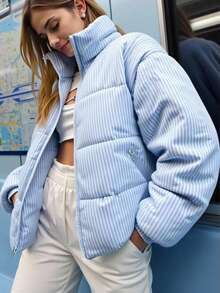 少女棉袄，休闲百搭，蓝白条纹短款棉袄，秋冬 - 藍色 - 查看 1