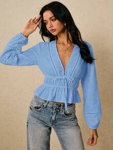 Poéselle 女士休闲纯色系带衬衫，秋季百搭 - 淺藍色 - 查看 4