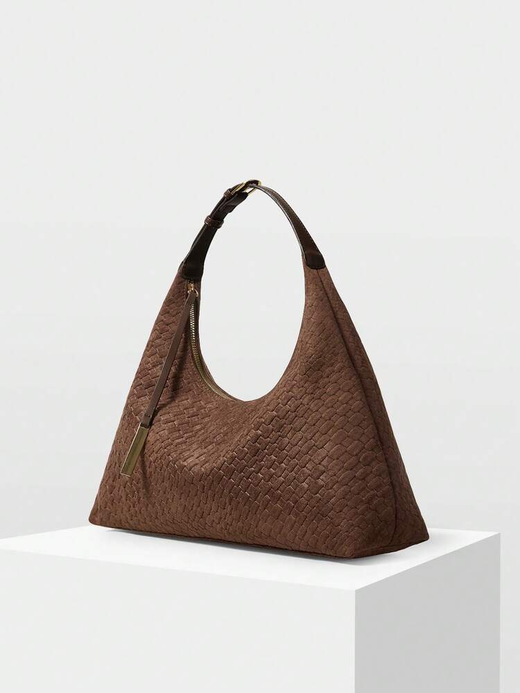 洗練されたミニマリストソフト型押しウーブンパターンイミテーションスエードショルダーバッグ、上品なメタルペンダント付き、通勤やショッピングに適しています