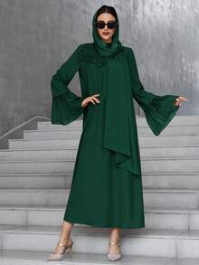 Al Najma Women's Floral Embellished Flare Sleeve Elegant Arabic Style Dress, Arabian Dresses - Dark Green - View 5