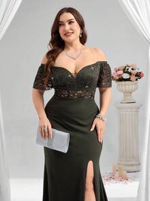 Coutiva Dark Green Plus Size Women's Lace & Sequin Patchwork Off-Shoulder Side Slit Hem Elegant Formal Evening Gown,Spring Curvy Prom Dress For Wedding,Ball - Army Green - View 8
