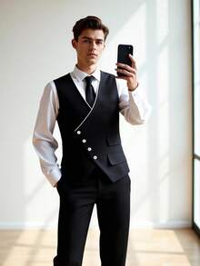 2件套青少年男童高端优雅时尚简约绅士不对称马甲+休闲裤套装