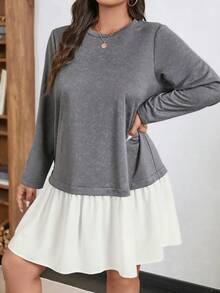 SHEIN LUNE 大码撞色拼接荷叶边圆领秋冬加厚灰白撞色拼接长袖连衣裙，适合节日派对穿着，女士派对礼服 - 黑與白 - 查看 1