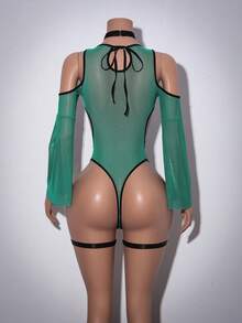 SHEIN 4件套女士透视网纱植绒修身性感连体衣，喇叭袖设计 - 墨綠色 - 查看 2