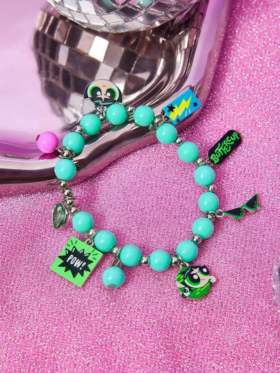 THE POWERPUFF GIRLS X SHEIN 新款锌合金毛茛花图案彩色串珠手链,休闲可爱畅销款,适合派对、音乐会、节日等场合佩戴 - 綠色 - 查看 1