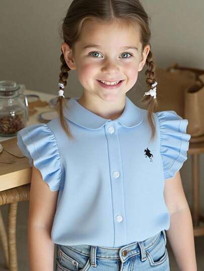 Souflis Souflis 女童夏季清新公主风上衣 - 优雅荷叶边袖口，清爽糖果蓝，穿上它瞬间变身温柔可爱的小公主，配有精致的撞色围巾，可拆卸，百搭实用。