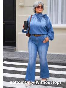 EMERY ROSE Áo sơ mi denim thắt nơ thời trang dành cho nữ cỡ lớn - Rửa nhẹ - Xem 6