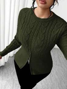 Elenzga 女士优雅通勤风收腰开衩拉链长袖宽松修身大码毛衣，外套，派对装 - 軍綠色 - 查看 1