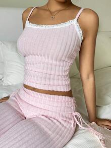 CovetEZ 2pcs/Set Women Casual Pink Camisole & Pants Set Women's Casual Wear Set, 2026 New Style, Pink Comfortable Lace Fashionable Versatile Basic Casual Pink Camisole And Flared Drawstring Fold-Up Long Flared Pants Set - Pink - View 4
