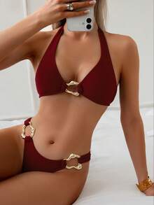 Swim Chiccia Bộ đồ đi biển 3 món gợi cảm, thanh lịch, lãng mạn dành cho nữ - Bikini, áo tắm và váy. - Đỏ - Xem 3