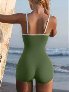 Swim SPRTY 女士黑白撞色修身无袖连体裤，适合海滩度假和冲浪 - 綠色 - 查看 2