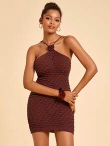 Travachic Women's Halter Tie-Up Backless Elegant Waist-Cinched Vacation Party Knit Dress - Brown - View 4