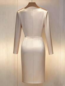SHEIN Franclia Women's Solid Color Crossed V-Neck Elegant Slit Hem Cinched Waist Midi Dress Satin Elegant Dress Champagne Dress Women Long Sleeve Dress Silk Dress Cocktail Dress Cruise Dinner Dress Long Sleeve Elegant Dress Women Dresses Champagne Satin Dress Elegant - Champagne - View 2