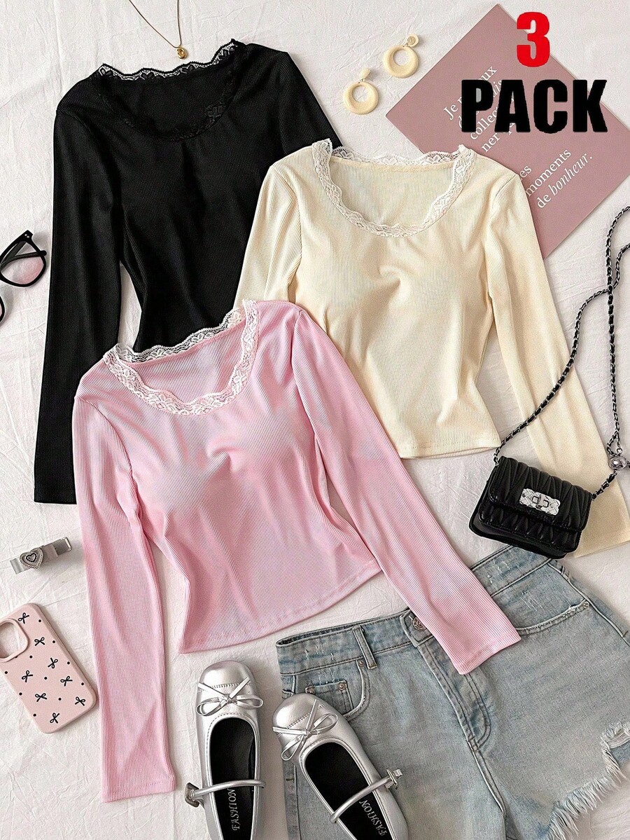 Bộ 3 áo thun dài tay cổ tròn viền ren cho bé gái, áo thun đa năng thường ngày, mặc hàng ngày, mùa thu - Màu be - Xem 1