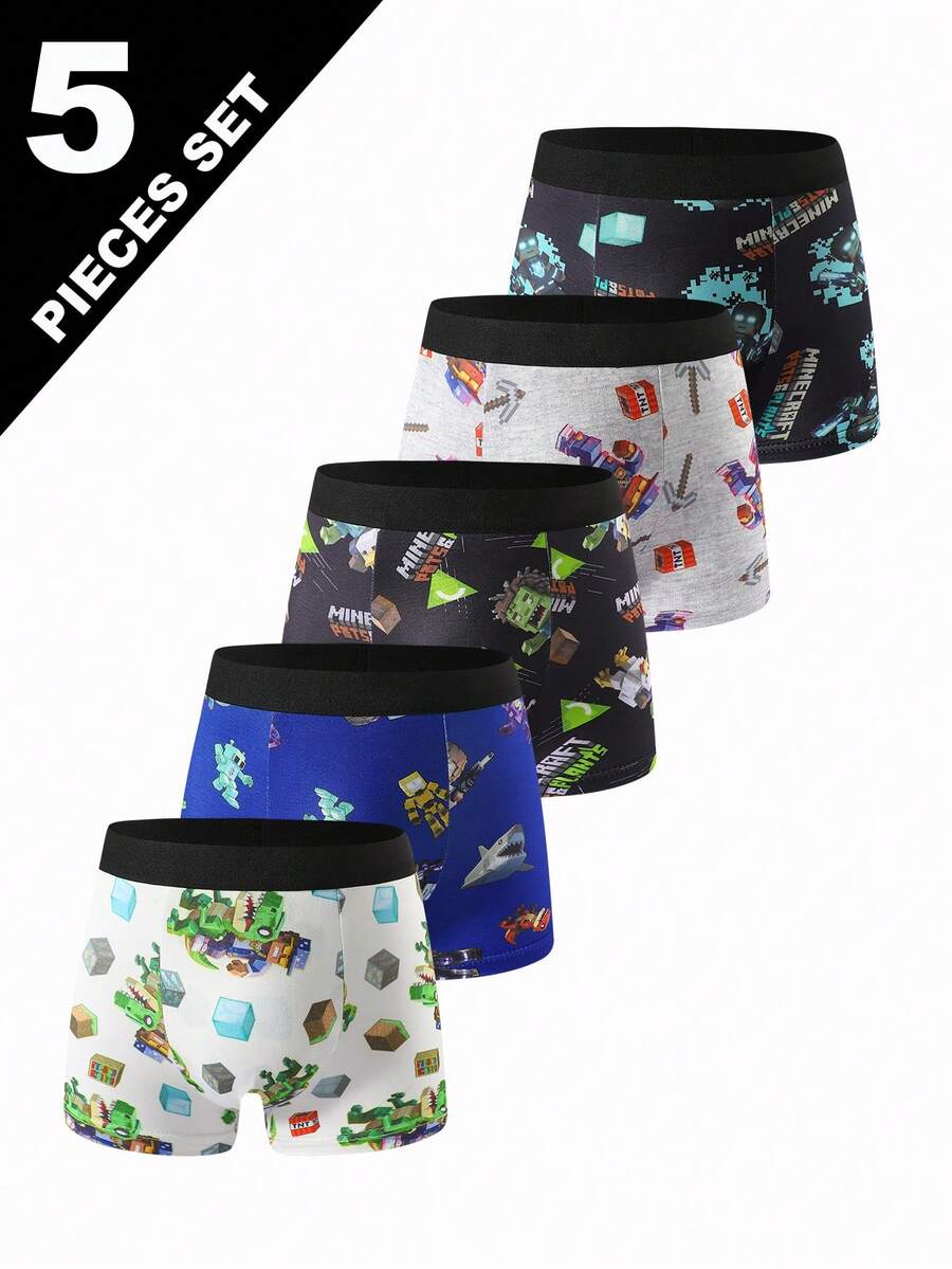 SHEIN 5pcs/Pack Tween Boys' Comfortable Boxer Briefs With Building Block & Cartoon Print - Multicolor - View 1