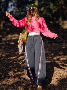 WanderVale Women's Striped Drawstring Waist Pleated Casual Wide Leg Pants,Fall/Winter Streetwear Oversized Contrast Color Cargo Pants,Loose Flowy Outdoor Wear - Dark Grey - View 6