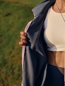 Medorelle 女士立领插肩袖口袋休闲百搭长袖卫衣，适合户外通勤、运动休闲、街头服饰，以及积极生活方式时尚网球服 - 深灰色 - 查看 8
