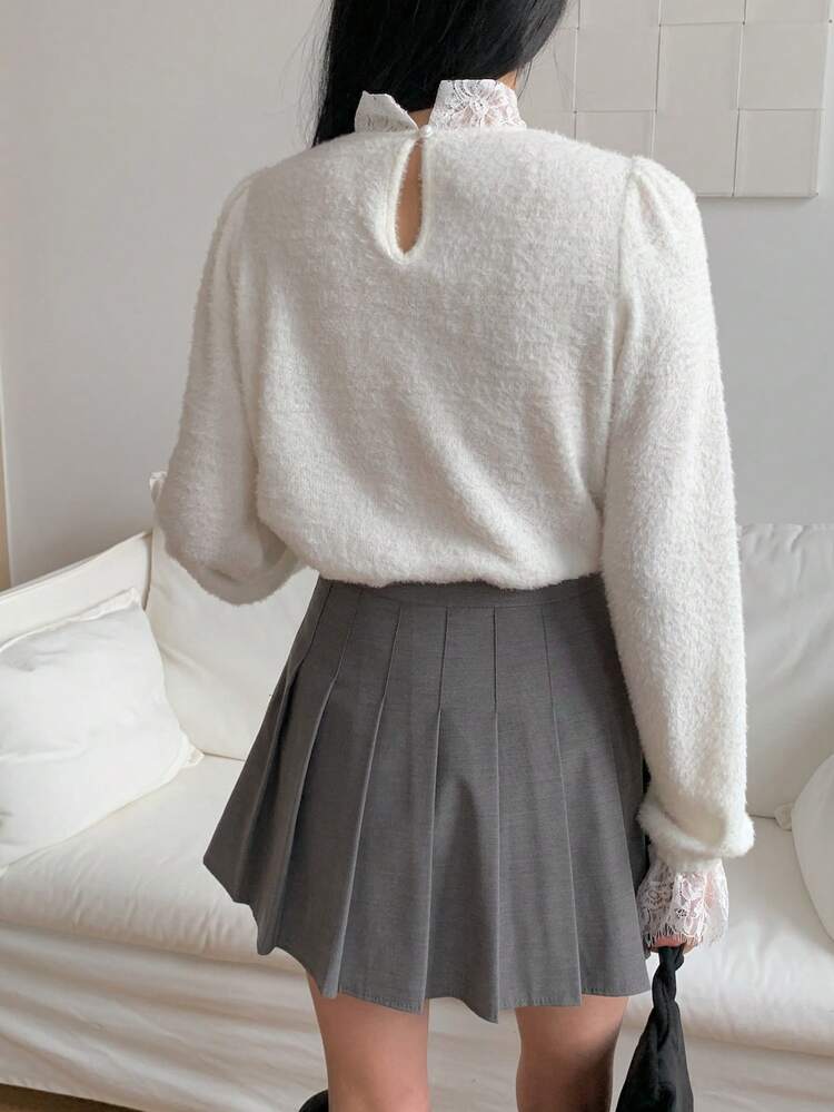 Women's Elegant Solid Color Lace Patchwork T-Shirt, Autumn/Winter