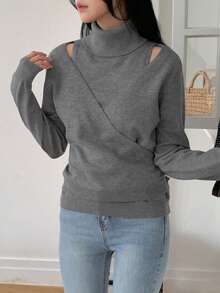 DAZY Sweater Turtleneck Polos Kasual Wanita dengan Lubang di Bagian Bawah, Musim Gugur/Dingin - Grey - View 1
