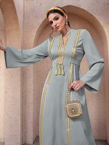 Al Najma Women's V-Neck Ribbon Design Elegant Arabic Dress - Multicolor - View 1