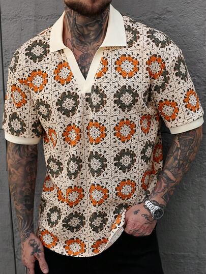 Manfinity CasualCool Camisa polo de manga corta con media cremallera, textura de malla y unicolor para hombres. Camisa de punto, camisa de ganchillo para hombres.